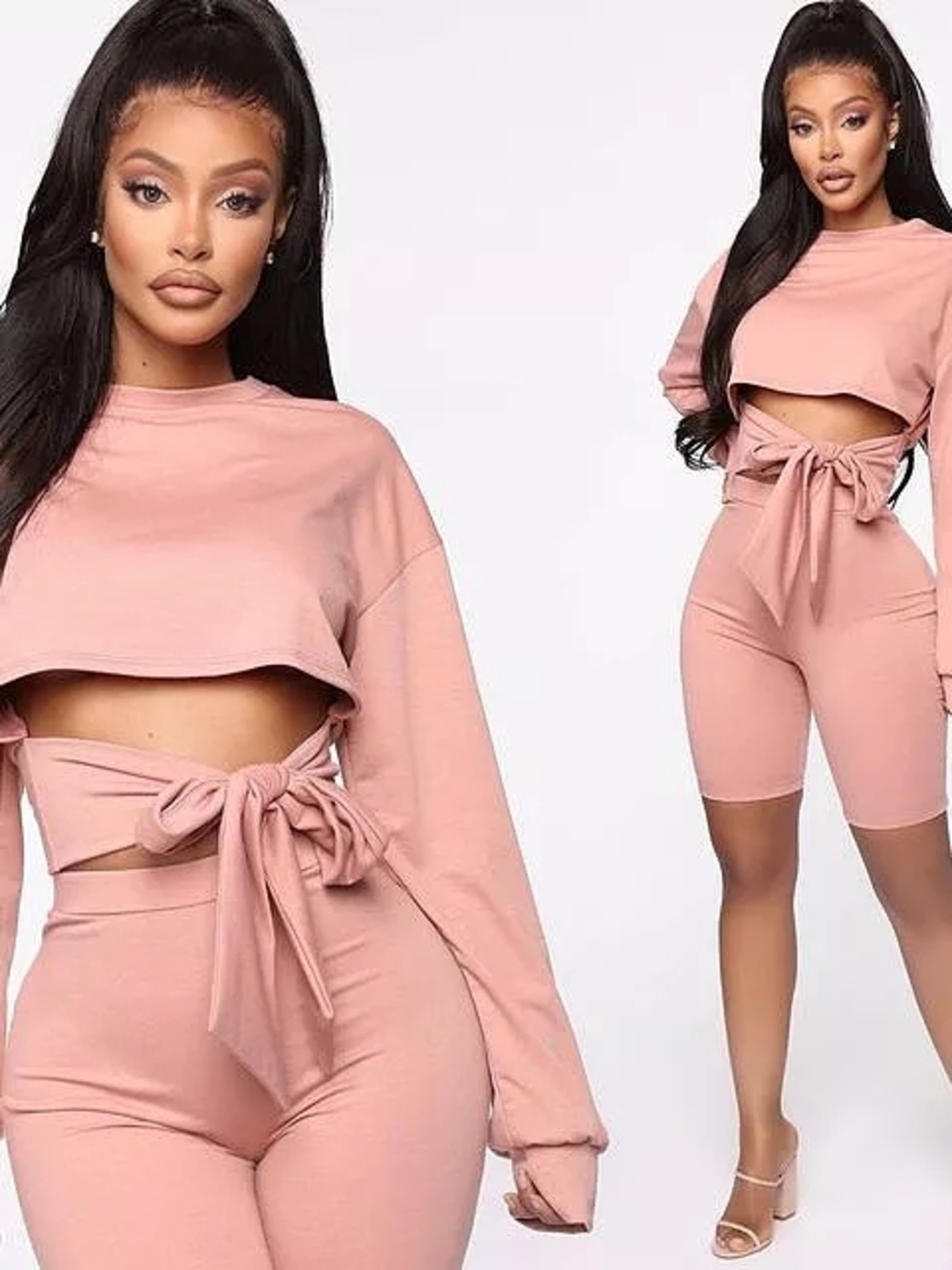 Two-Piece Tie-Waist Crop Top & Biker Short Set in Mauve